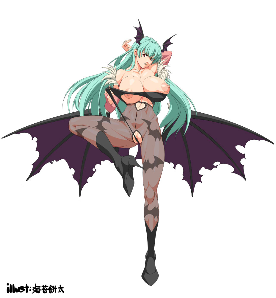 breasts capcom clothing darkstalkers female green_hair large_breasts long_hair morrigan_aensland nipples noriheita pantyhose simple_background solo succubus uncensored white_background