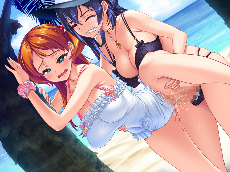 2futas ahe_gao beach blood blue_eyes blue_hair bracelet breasts brown_hair bulge censored cum cum_through_clothes cum_while_penetrated eclair_milk_cream_~onani_x_onani~ erect_nipples full-package_futanari futa_on_futa futa_only futanari hair hat headgear heart-shaped_pupils intersex large_breasts long_hair moaning mosaic_censoring multiple_girls necklace penetration penis pochi_(pochi-goya) pussy red_eyes scrunchie sex skindentation sweat swimsuit torso_grab virgin wavy_mouth wink