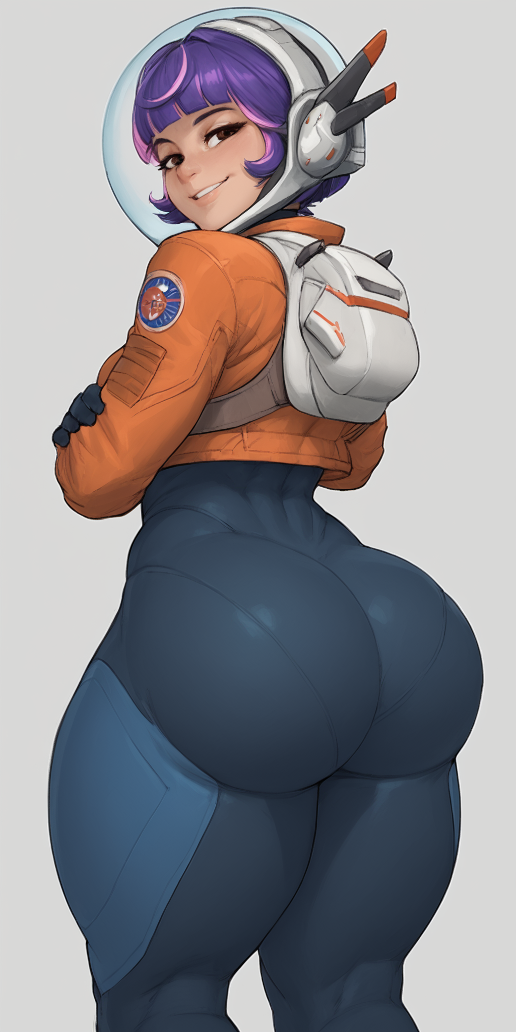 1girls 2024 3d ai_generated big_ass clothed female from_behind huge_ass juno_(overwatch) looking_at_viewer looking_back looking_over_shoulder overwatch overwatch_2 presenting presenting_hindquarters self_upload simple_background solo spacesuit