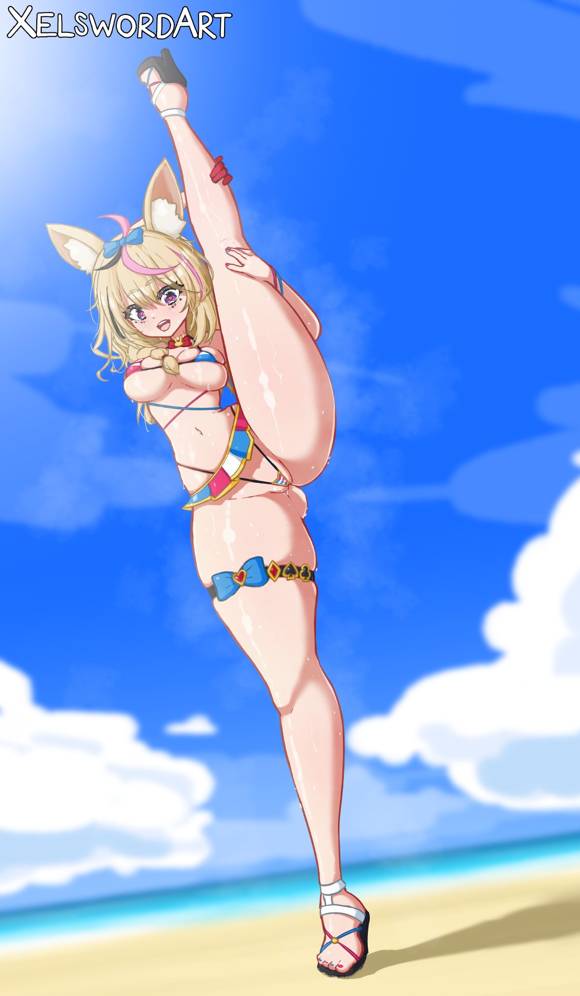 1girls ass ass_visible_through_thighs beach bikini blonde_hair breasts commentary_request curvy_body curvy_female curvy_figure female female_only fox_ears high_heels hololive hololive_gen_5 hololive_japan looking_at_viewer micro_bikini multicolored_hair ocean omaru_polka one_leg_up outdoors outside presenting sand short_hair smile smiling smiling_at_viewer stretching sweat sweatdrop swimsuit swimwear thick_hips thick_thighs thigh_strap virtual_youtuber wide_hips xelsword