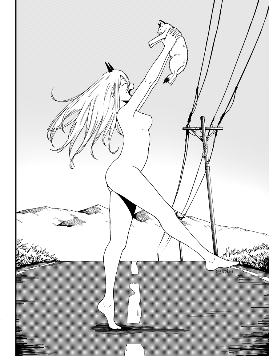 ass breasts chainsaw_man completely_nude demon_girl demon_horns feline female fujimoto_tatsuki_(style) gitokuja greyscale horns long_hair meowy_(chainsaw_man) monochrome no_nipples nude outdoors power_(chainsaw_man) power_lines road small_breasts utility_pole