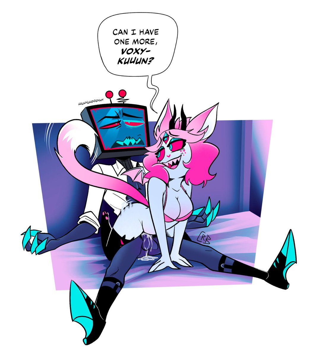 1boy 1girls anthro asking_for_more athletic_female blue_skin cum cum_drip cum_inside cyanredblue demon demon_boy demon_girl demon_humanoid ears emberlynn_pinkle emberlynn_pinkle_(demon_form) freckles furry hazbin_hotel helluva_boss humanoid object_head pink_hair shoes sock_garters tail tail_play tv_head vaginal_penetration vaginal_sex vox_(hazbin_hotel) wings