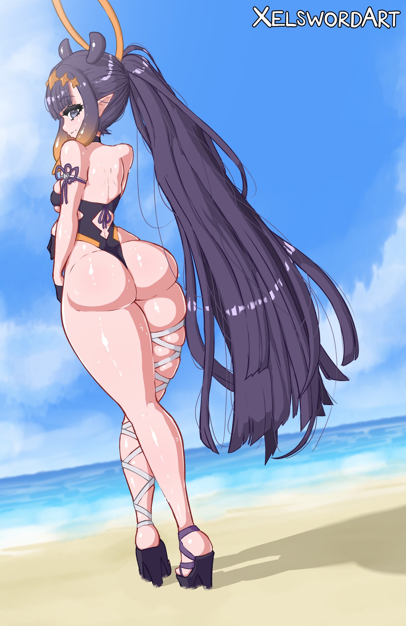 1girls ass beach big_ass big_butt bikini bubble_butt commentary_request curvaceous curvy curvy_ass curvy_body curvy_female curvy_figure curvy_hips curvy_thighs female female_only grey_eyes hair_tentacles high_heels hololive hololive_english hololive_myth huge_ass huge_butt long_hair looking_at_viewer ninomae_ina'nis ocean one-piece_swimsuit outdoors outside pointy_ears ponytail purple_hair sand smile sweat sweatdrop swimsuit swimwear thick_hips thick_thighs thong_bikini thong_leotard virtual_youtuber wide_hips xelsword