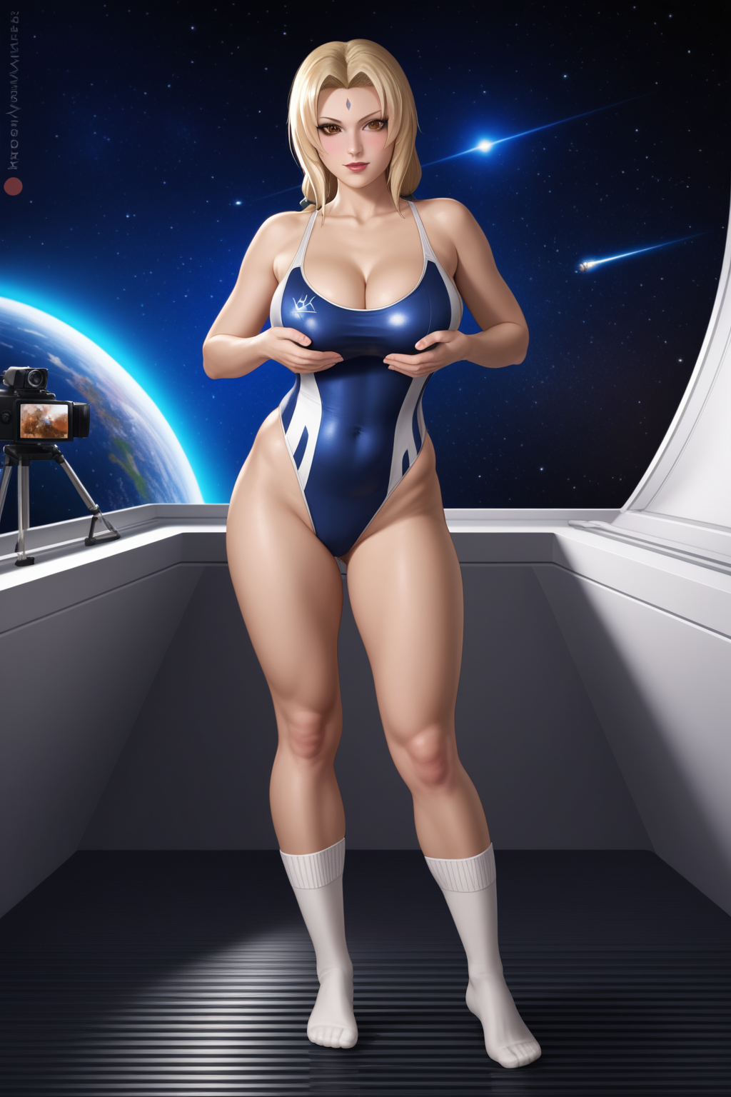 ai_generated demo003 earth female female_only hands_on_breasts naruto one-piece_swimsuit shiny_clothes socks solo solo_female space spaceship swimsuit tight_clothing tsunade