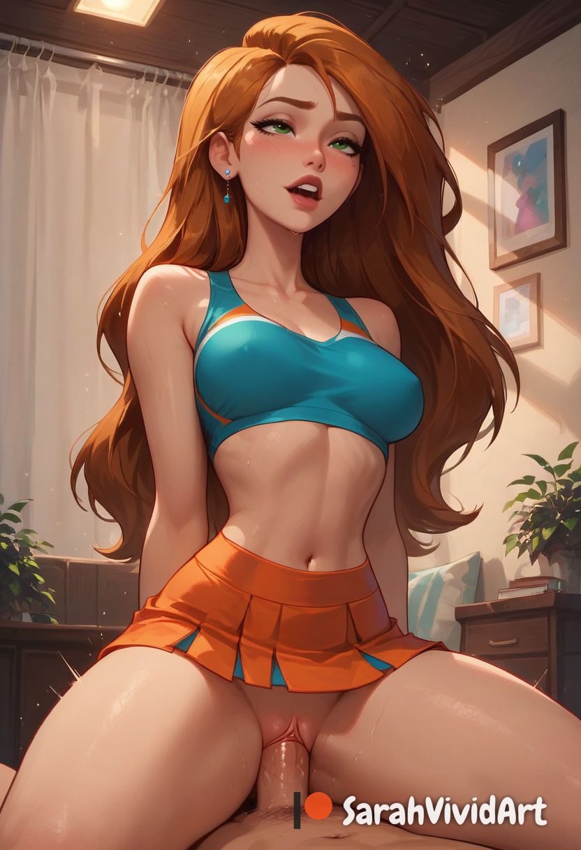 1boy 1girls ai_generated arms_behind_back athletic_female bedroom blush blushed breasts_visible_through_clothing cheerleader cheerleader_uniform cowgirl_position female female_focus fucked_silly ginger ginger_hair green_eyes human indoors inside kim_possible kimberly_ann_possible light-skinned_male long_hair medium_breasts on_bed orange_hair partially_clothed perky_breasts red_hair riding_penis rolling_eyes sarahvividart seductive see-through see-through_clothing sex shiny_skin short_skirt skirt through_clothes