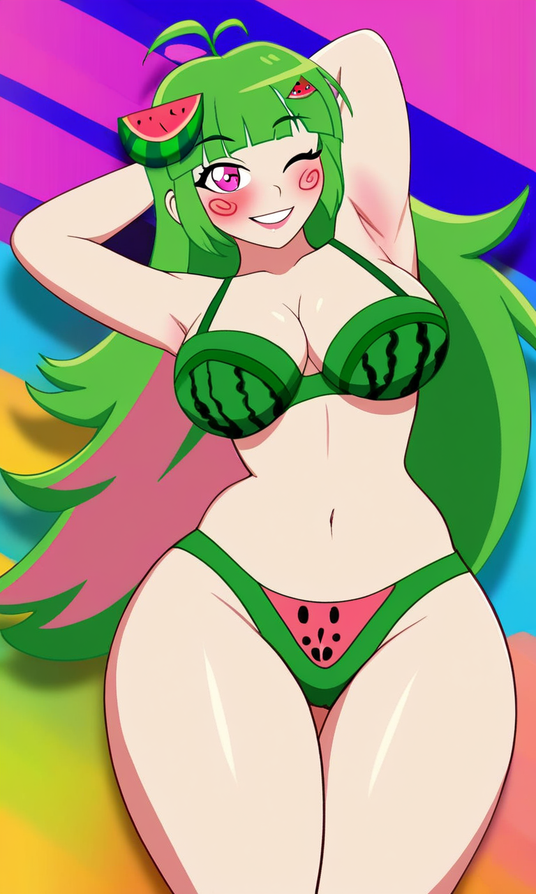 ai_generated armpits arms_behind_head big_breasts blush colorful_background cute_girl green_hair happy_female lingerie long_hair pink_eyes underwear vannamelon vannamelon_(copyright) wink winking_at_viewer