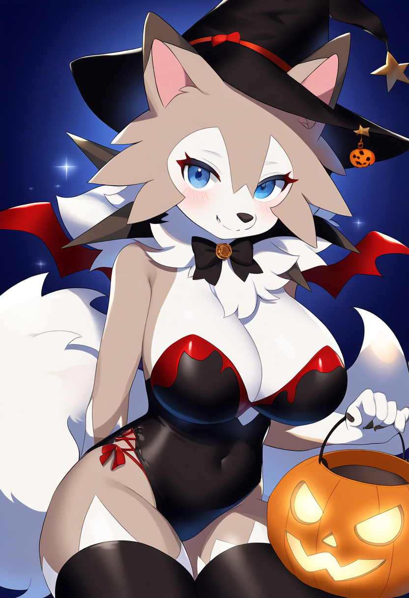 ai_generated anthro bat_wings breasts candy_bucket cleavage female female_only halloween jack-o'-lantern lycanroc midday_lycanroc nai_diffusion nintendo novelai pokemon pokemon_(species) self_upload thighhighs weedvee420 witch_hat