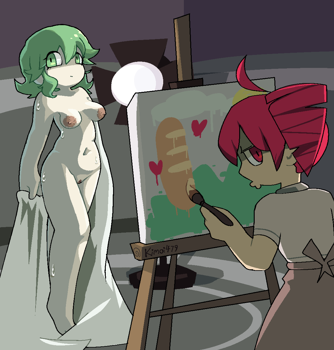 2girls artist_request background canvas clothed clothing exposed exposed_breasts exposed_pussy female fully_clothed fully_nude gumi kasane_teto looking_away megpoid_gumi nude nude_painting painting source_request sweat vocaloid