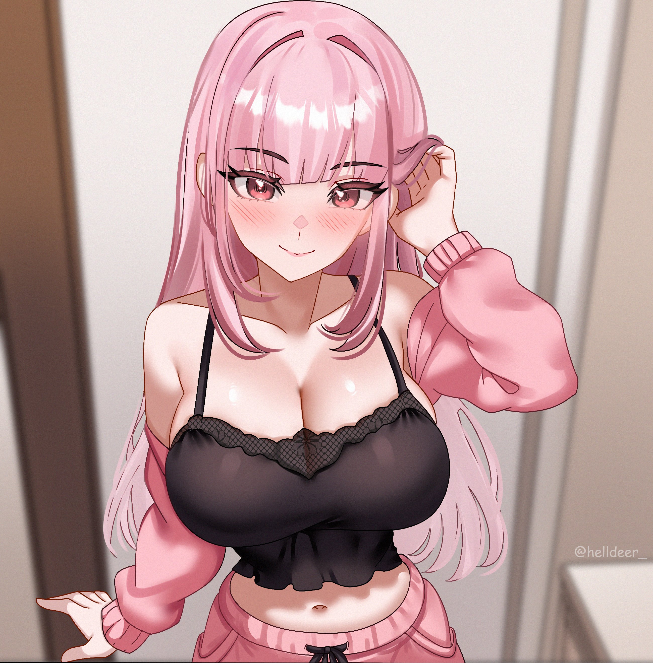 absurdres, adjusting hair, bare shoulders, black camisole, blurry, blurry background, blush, breasts, camisole, cleavage, closed mouth, collarbone, commentary, female, helldeer, highres, hololive, hololive english, huge breasts, indoors, long hair, long sleeves, looking at viewer, midriff, mori calliope, navel, pants, pink eyes, pink hair, pink lips, pink pants, smile, solo, stomach, thighs, twitter username, virtual youtuber