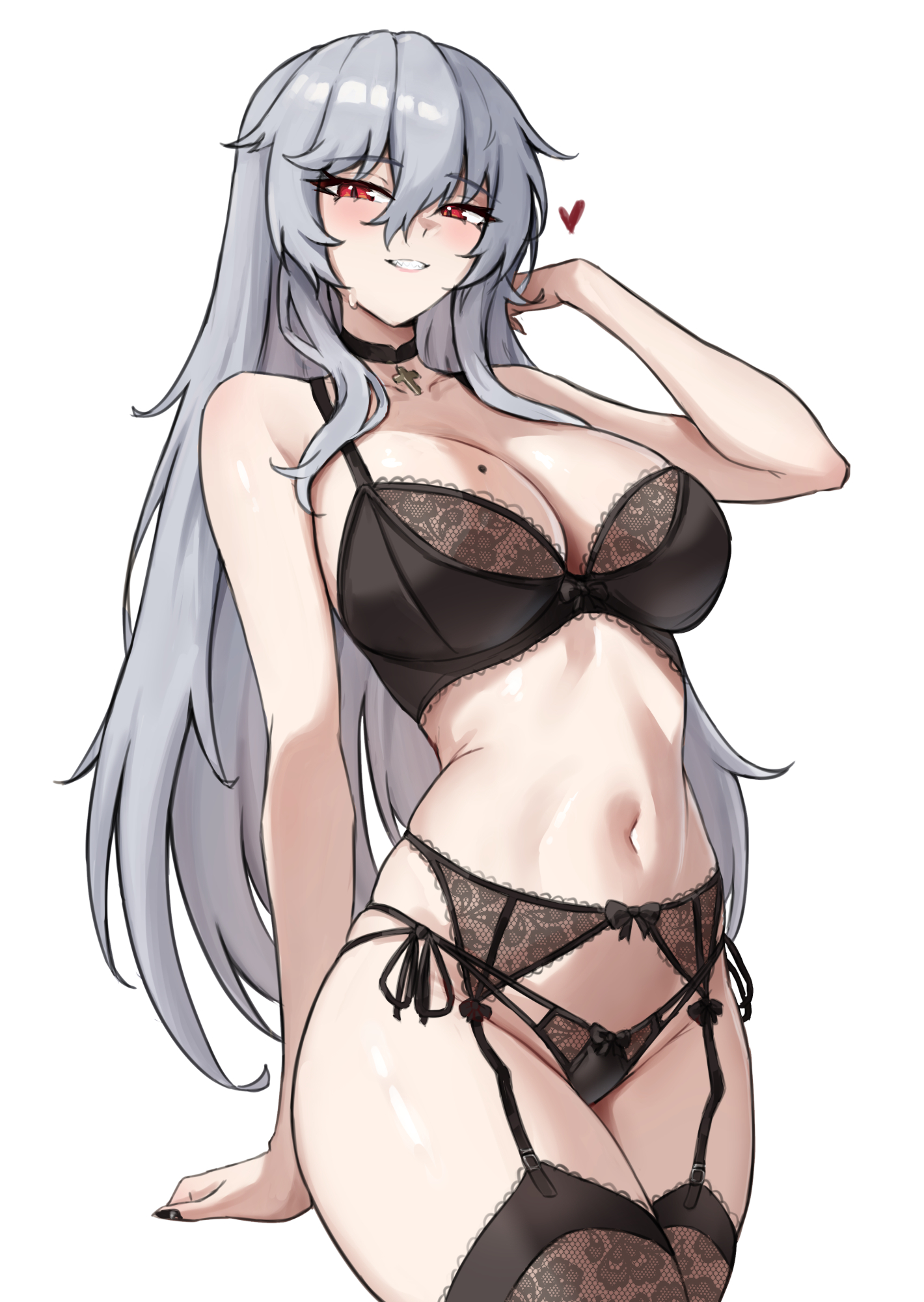 arknights, black bra, black garter belt, black garter straps, black nails, black panties, black thighhighs, bra, breasts, commentary, cross, cross necklace, english commentary, fangs (fangs art), female, garter belt, garter straps, grey hair, highres, jewelry, large breasts, lingerie, long hair, looking at viewer, multiple moles, navel, necklace, panties, red eyes, sharp teeth, simple background, solo, specter (arknights), stomach, teeth, thighhighs, thighs, underwear, very long hair, white background