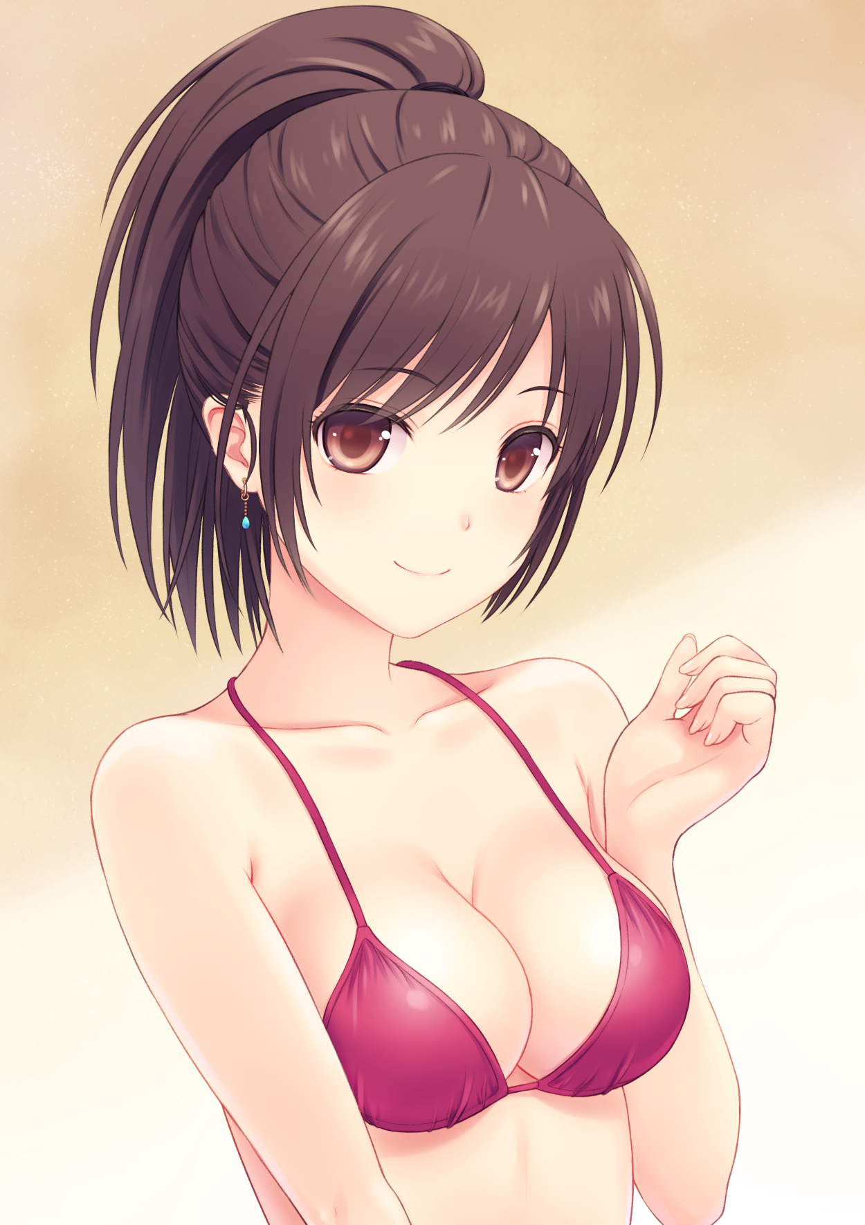 1girls, bikini, breasts, brown eyes, brown hair, cleavage, collarbone, colored eyelashes, earrings, female, female only, highres, jewelry, long hair, n.g., original, ponytail, red bikini, smile, solo, swimsuit, tied hair, upper body
