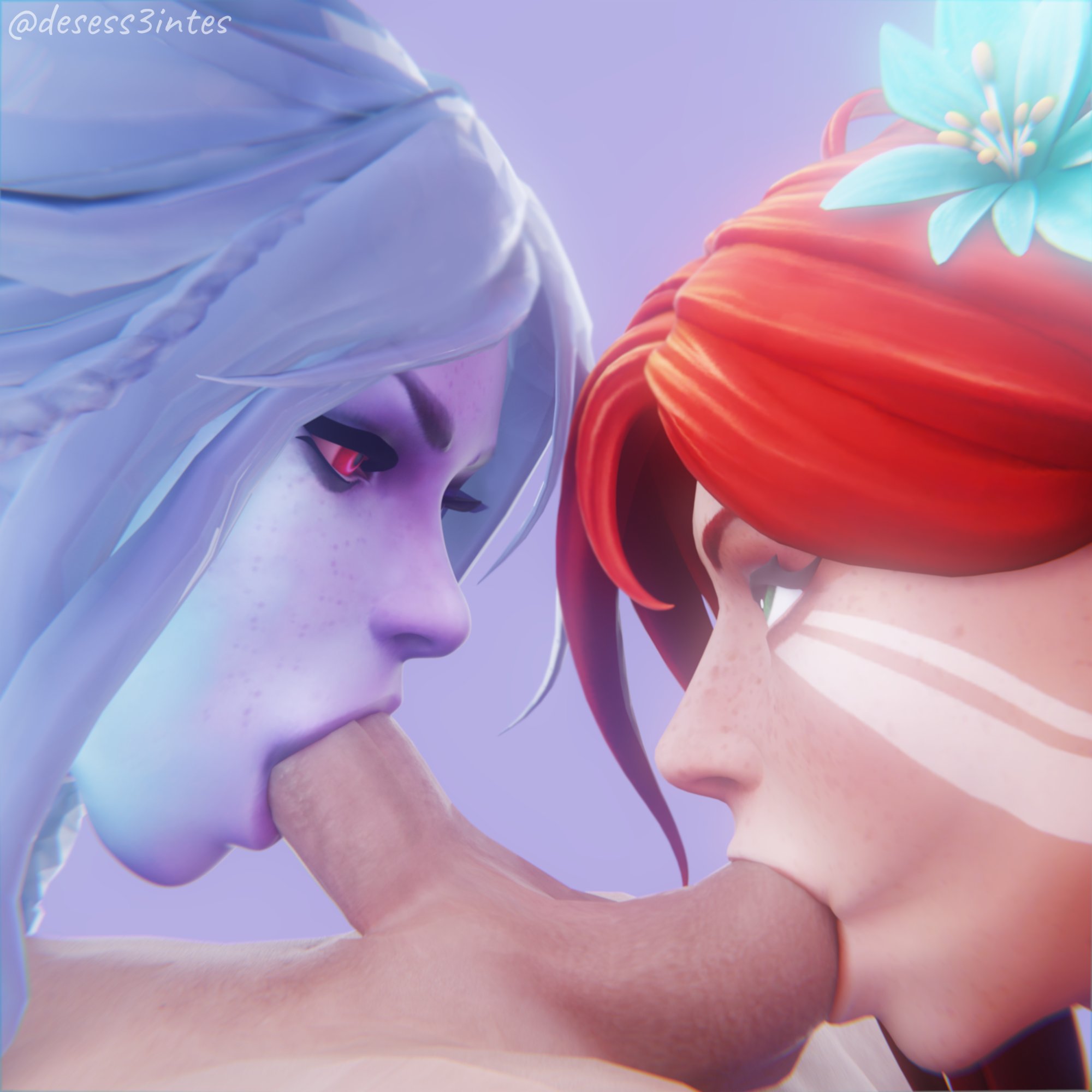 1boy, 1boy2girls, 2girls, 2girls1boy, 3d, balls sucking, blender, blowjob, blue plate special, collaborative fellatio, deepthroat, desess3intes, dota, dota 2, drow ranger, face markings, fellatio, female, green eyes, hair ornament, light skin, light-skinned female, light-skinned male, looking at another, male, oral, purple skin, purple-skinned female, red eyes, red hair, sucking balls, tagme, unseen male face, white hair, windranger