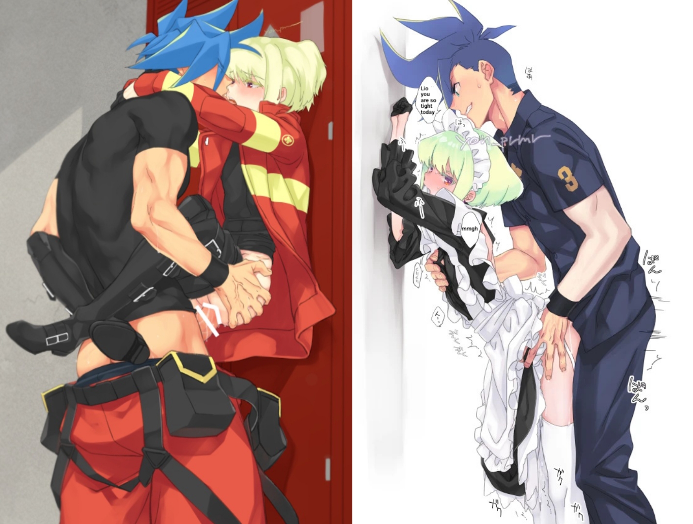 2boys, anal, anal sex, androgynous, ass grab, blush, bob cut, crossdressing, dialogue, embarrassed, femboy, femboy penetrated, galo thymos, gay, gay sex, legs around partner, lifting person, lio fotia, maid, maid headdress, maid uniform, male, petite, petite body, petite male, promare, short hair, size difference, slim, slim male, slim waist, stockings, text, thighhighs, twink, yaoi