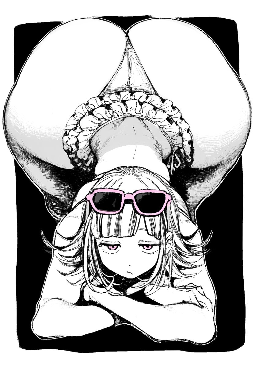 1girl, ai generated, ass, bangs, bikini, blunt bangs, danganronpa, danganronpa 2: goodbye despair, eyewear on head, frilled bikini, frills, greyscale, huge ass, long hair, looking at viewer, monochrome, nanami chiaki, shuya (artist), solo, sunglasses, swimsuit, thighs, wide hips