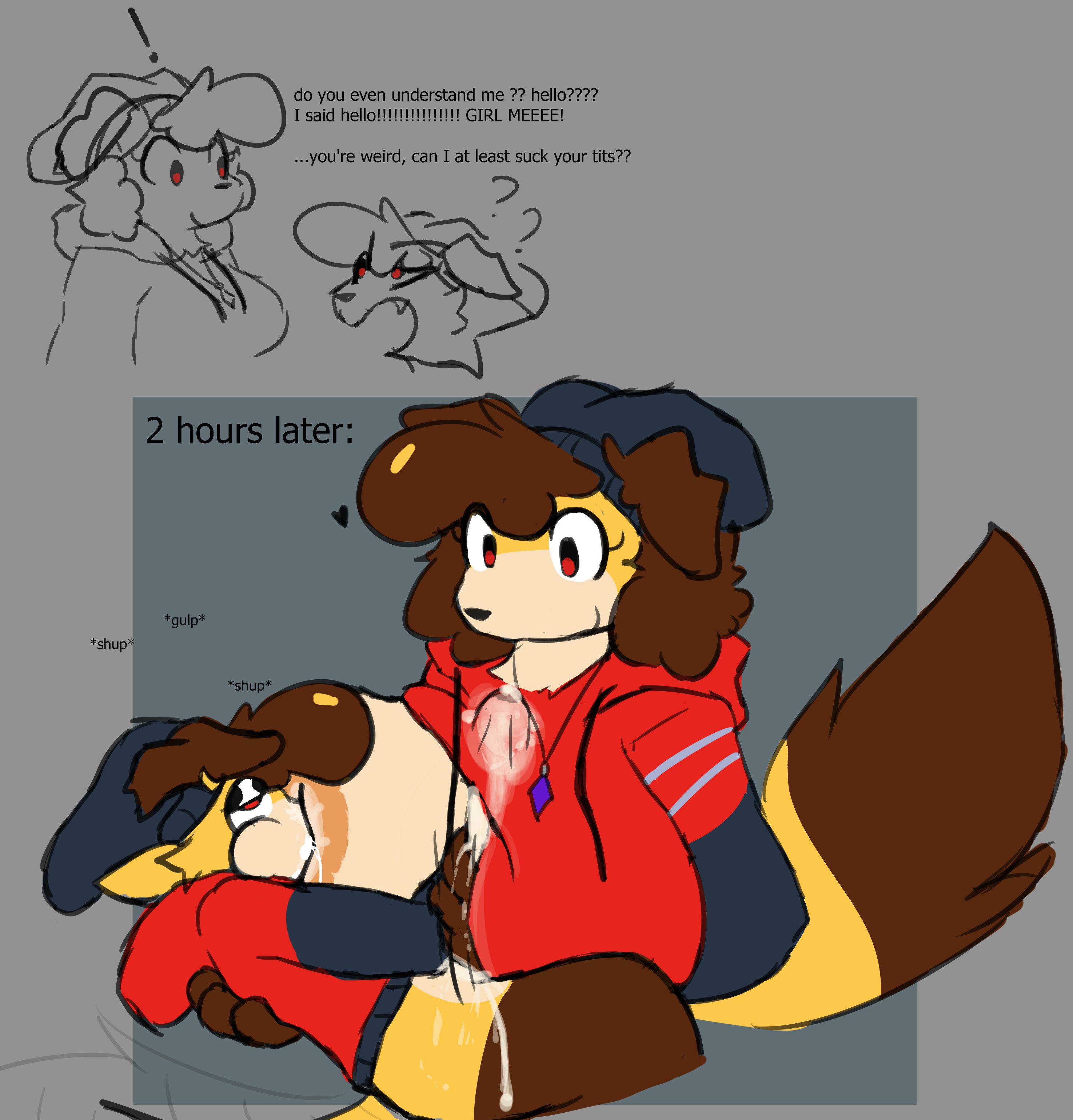 big breasts, breastfeeding, canine, clothing lift, cum, cum in clothes, cum on breasts, cum on clothes, furry, larger female, nursing paizuri, paizuri, paizuri under clothes, red eyes, rule 63, selfcest, sucking breasts, sucking nipples, sunsetvista, yellow fur