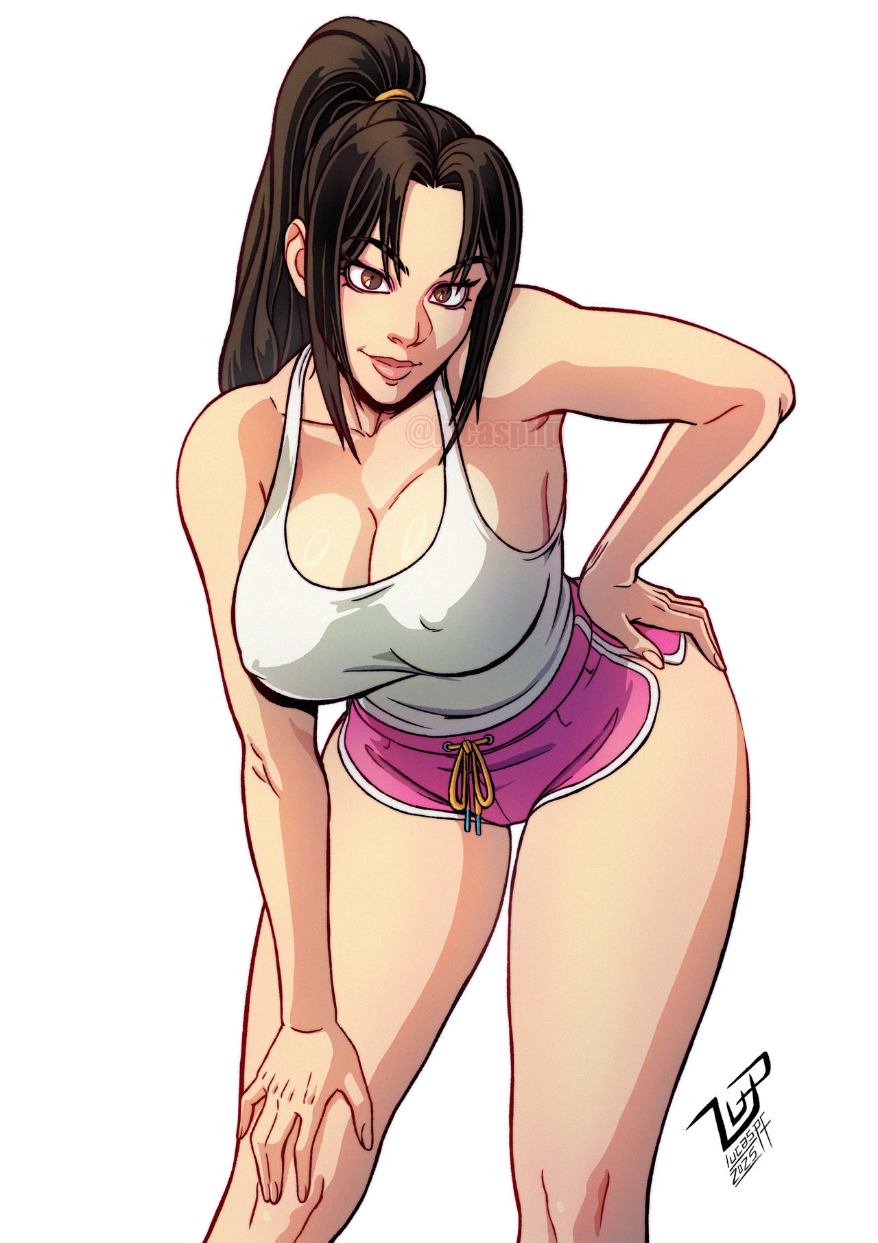 artist name, bare shoulders, bent over, breasts, brown eyes, brown hair, cleavage, clothing, collarbone, covered nipples, dolphin shorts, drawstring, fatal fury, female, hand on own hip, hand on own knee, hand on own thigh, high ponytail, large breasts, leaning forward, lips, long hair, looking at viewer, lucaspflp, mai shiranui, mai shiranui (casual), pink shorts, ponytail, short shorts, shorts, simple background, smile, snk, solo, street fighter, street fighter 6, tank top, thighs, web address, white background, white tank top