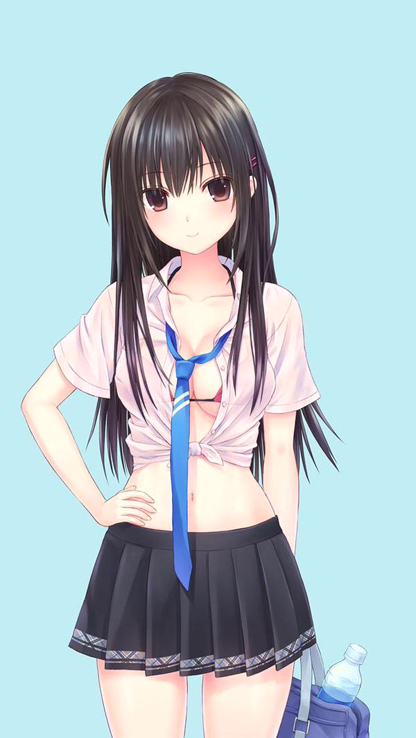 1girls bag black_hair blush bottle bra brown_eyes female hair_ornament kazuharu_kina long_hair looking_at_viewer n.g. original school_bag school_uniform skirt smile solo underwear very_long_hair