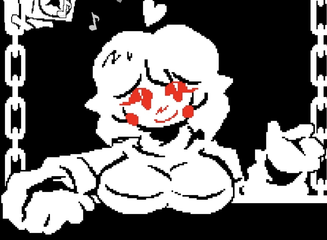big breasts, black and white, breasts, chara, chara (lovemaniac), chara (undertale), clothed, female chara, love maniac, monochrome, pixel art, red cheeks, red eyes, red face, smile, smiling, team nebula, undertale, undertale (series), undertale au