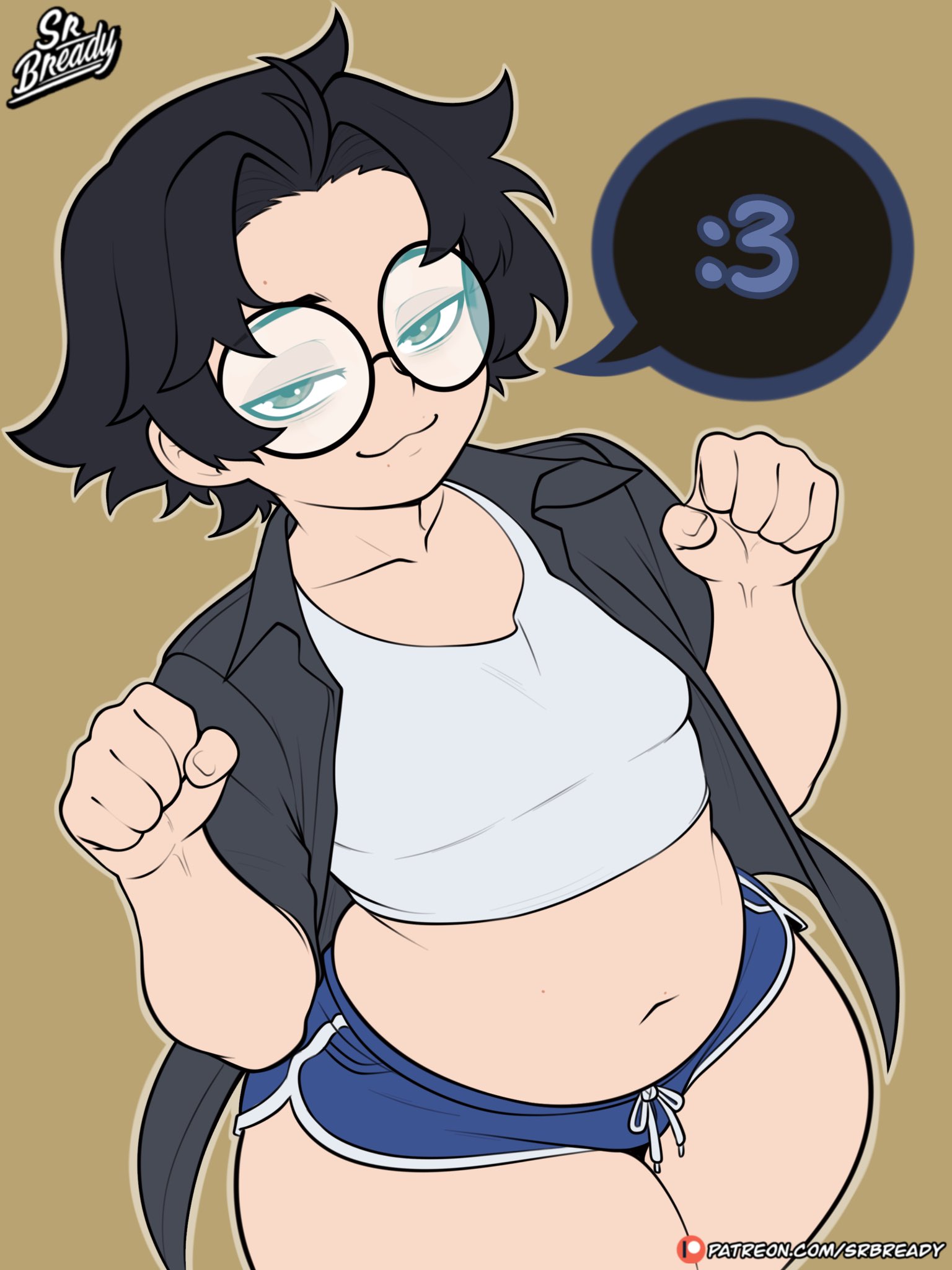 1boy, artist self-insert, ass, black hair, blue shorts, bready (srbready), crop top, dolphin shorts, femboy, glasses, grin, huge ass, light skin, light-skinned male, looking at viewer, male, midriff, multiple views, navel, original, plump, self insert, short hair, short shorts, shorts, socks, srbready, thick thighs, thighs, wide hips