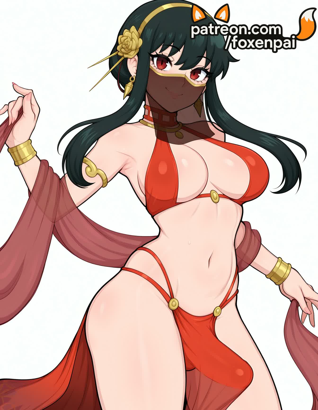 1futa, 2025, ai generated, artist name, bracelet, breasts, bulge, bust, chest, dancer, earrings, foxenpai, futanari, green hair, hi res, high quality, high resolution, highres, jewelry, long hair, mouth veil, navel, patreon, patreon username, red eyes, smile, solo, spy x family, stable diffusion, watermark, yor briar, yor forger