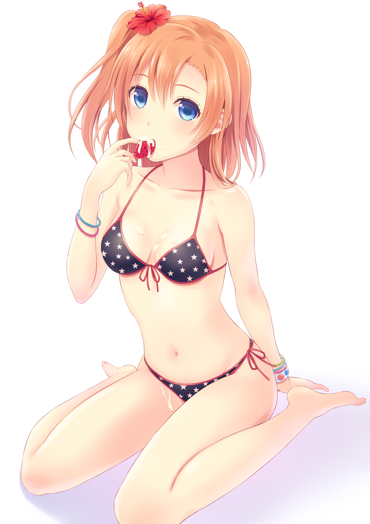 bikini, black bikini, blue eyes, breasts, brown hair, cleavage, cream, eating, female, food, front-tie bikini, front-tie top, fruit, highres, kousaka honoka, love live!, love live! school idol project, n.g., one side up, short hair, side-tie bikini, sitting, star, strawberry, swimsuit, wariza