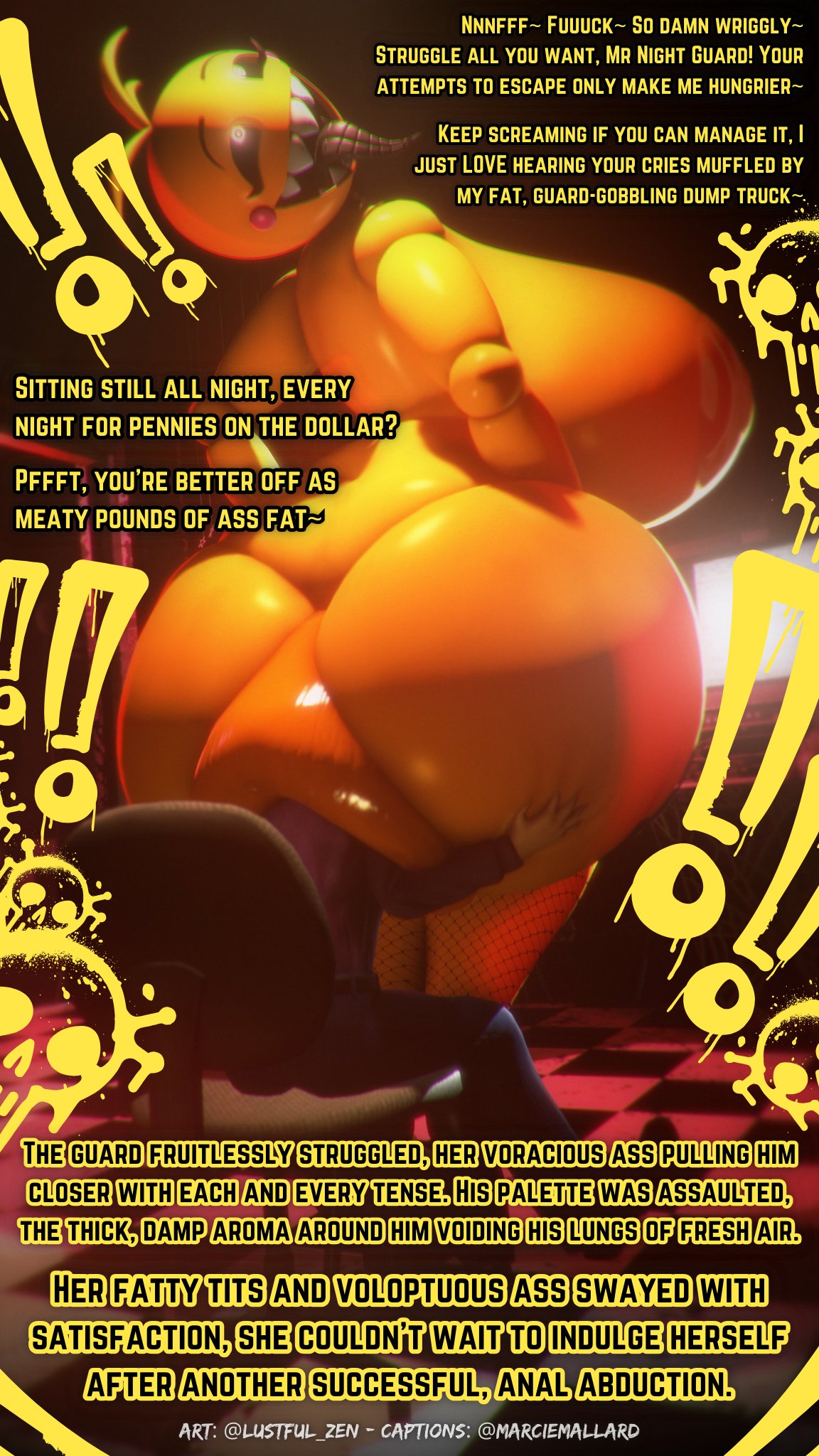 1boy, 1girls, 2024, 3d, alternate version, anal, anal vore, animatronic, animatronic female, animatronic girl, anus, ass, ass grab, avian, big anus, big ass, big breasts, big butt, bird, breasts, butt grab, caption, chicken, clothing, detailed background, digital media (artwork), duo, female, female pred, fishnet, fishnet legwear, five nights at freddy's, five nights at freddy's 2, galliform, gallus (genus), giantess, glowing, glowing eyes, guard, hand on ass, hand on butt, hi res, horny, horny female, horny pred, human, humanoid, hyper, hyper anus, hyper breasts, hyper butt, imminent vore, large ass, large boobs, large breasts, large butt, legwear, lustful zen, machine, male, male prey, male/female, mammal, marciemallard, mini giantess, nightguard, nipples, nude, orange anus, orange nipples, outie anus, phasianid, puffy anus, resisting, robot, rolling eyes, scottgames, size difference, smile, source filmmaker, thick thighs, tongue, tongue out, toy chica (cyanu), toy chica (fnaf), vore, wide hips, yellow body