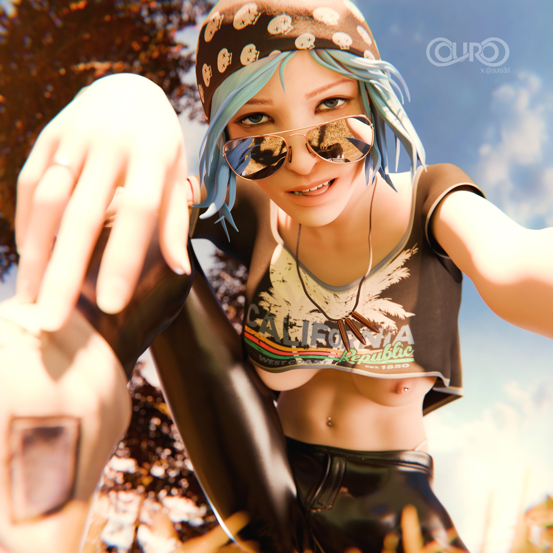 1girls, 3d, blue hair, breasts, chloe price, clothed, female, female only, life is strange, looking at viewer, nipple piercing, nipples, ouro3d, selfie, solo, solo female, underboob