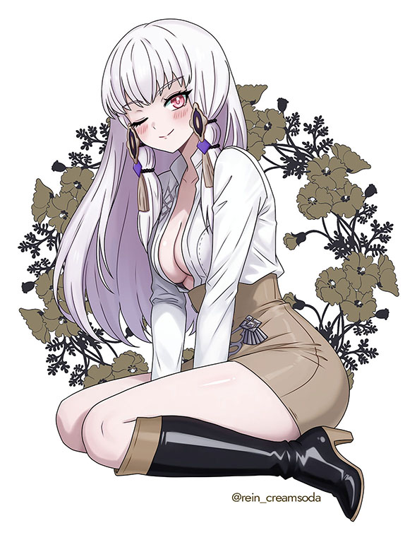 1girls, artist name, blush, blushing, boots, braless, breasts, cleavage, confident, confident female, confident smile, female, female only, fire emblem, fire emblem: three houses, flowers, flowers in background, full cleavage, garreg mach monastery uniform, hands between legs, hands between thighs, human, human only, light skin, light-skinned female, long hair, lysithea von ordelia, medium breasts, nintendo, no bra, open shirt, pose, posing, posing for viewer, red eyes, rein creamsoda, seducing, seducing viewer, seductive, seductive pose, shirt open, skirt, smile, smiling, smirk, smirking, solo, solo female, student uniform, thick thighs, thighs, white background, white hair, white shirt, wink, winking