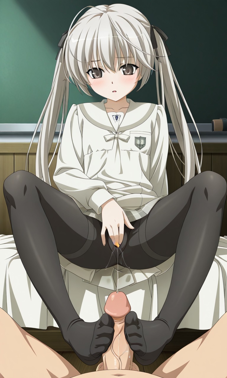 ai generated, black pantyhose, footjob, kasugano sora, koihi, long hair, masturbation, pussy juice, silver hair, twintails, yosuga no sora