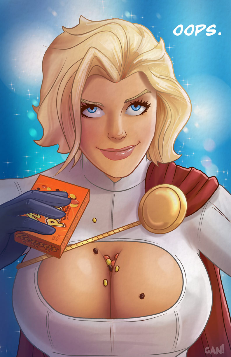 big breasts, blonde female, blonde hair, blue eyes, breasts, candy, cleavage, close-up, dc, dc comics, female, gan (artist), gloves, huge breasts, justice society of america, karen starr, large breasts, lips, looking up, oops, pouring, pouring on breasts, pouring on self, pouring onto self, power girl, reese's pieces, short hair, smile, solo, solo female, sparkles, spilling, superhero costume, superheroine, superman (series)