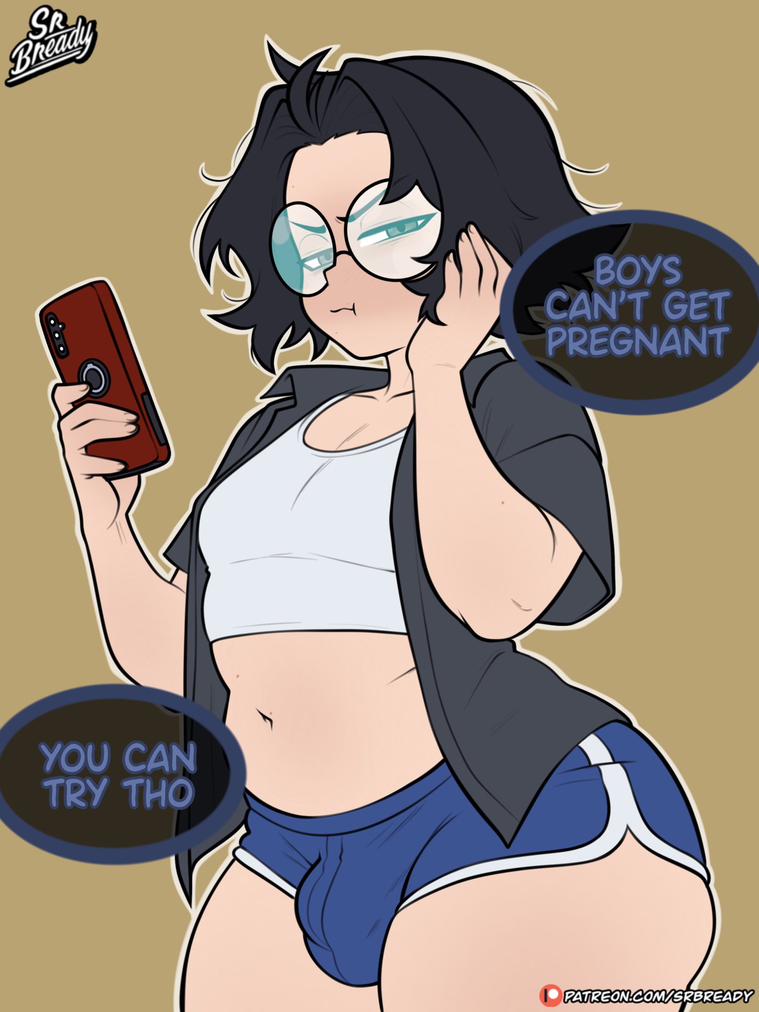 1boy, artist self-insert, ass, black hair, blue shorts, bready (srbready), crop top, dolphin shorts, english text, femboy, glasses, grin, huge ass, light skin, light-skinned male, looking at viewer, male, midriff, multiple views, navel, original, plump, self insert, short hair, short shorts, shorts, socks, srbready, text, thick thighs, thighs, wide hips