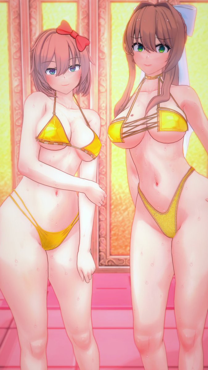 2girls, bikini, breasts, brown hair, doki doki literature club, female, golden bikini, green eyes, looking at viewer, mashirosolera, monika (doki doki literature club), sayori (doki doki literature club)