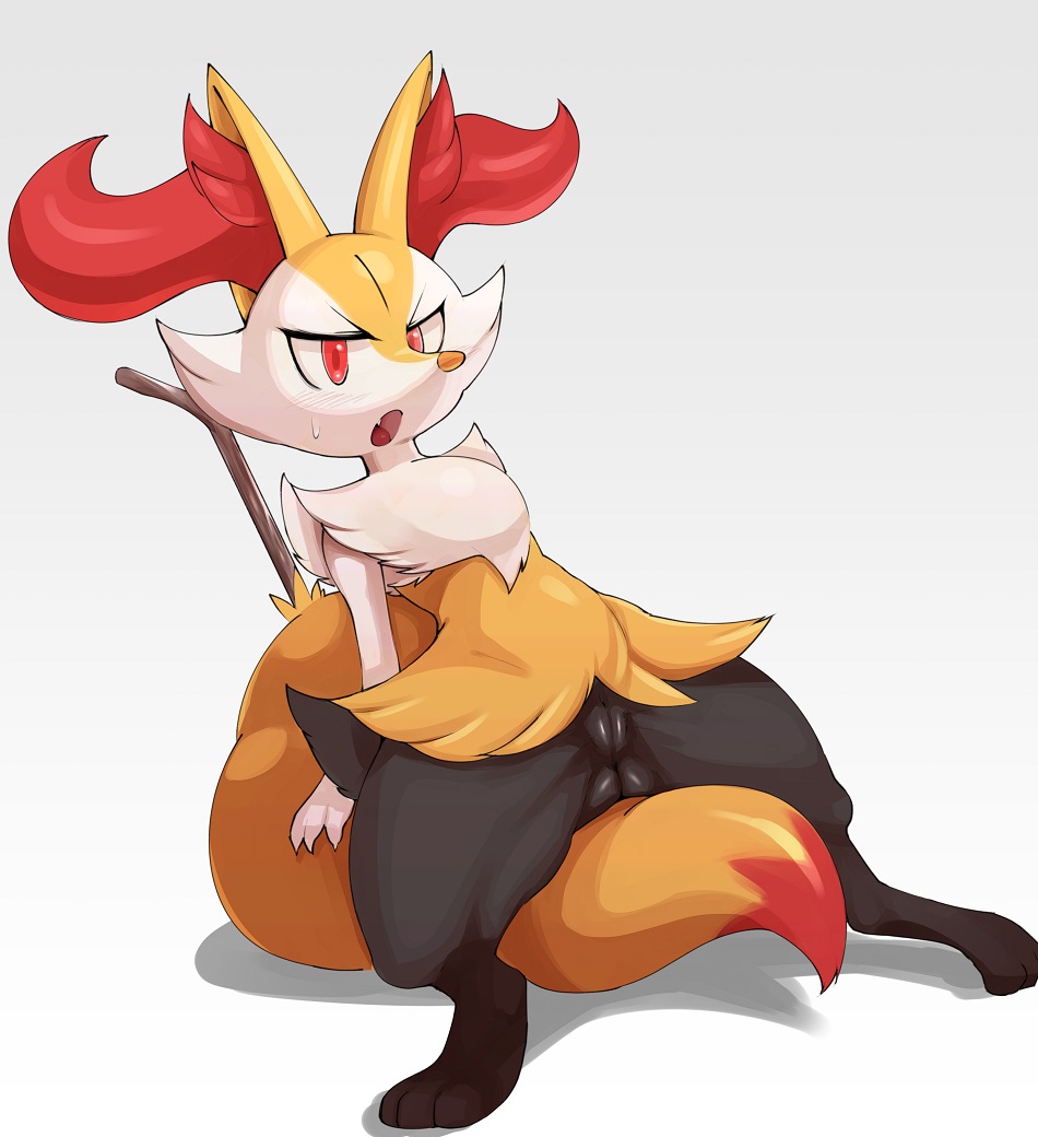 2015 anthro blush braixen canine female fox fur inner_ear_fluff mammal nintendo omikuro pokémon_(species) pokemon pokemon_(species) pussy red_eyes shiron_(artist) solo spread_legs spreading stick video_games