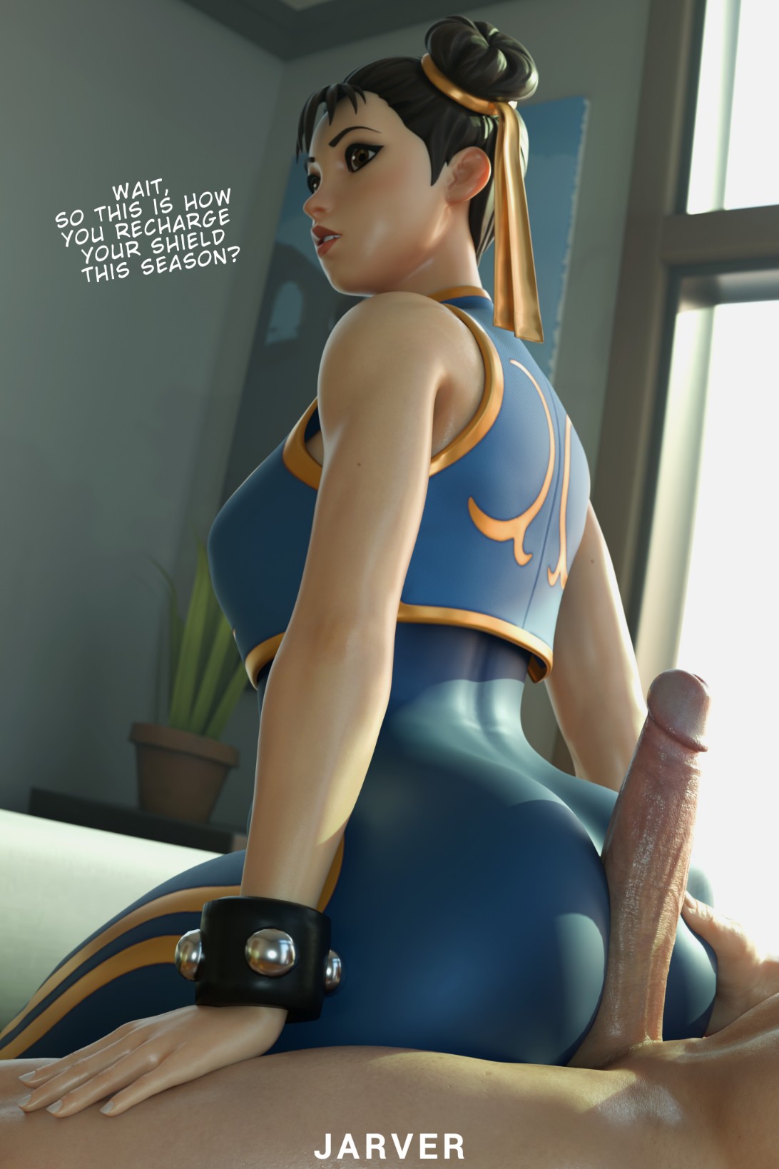 3d, 3d (artwork), asian, asian female, blender, buttjob, capcom, chun-li, chun-li (fortnite), dialogue, female, fortnite, fortnite: battle royale, jarver, male, male/female, street fighter, tight clothing, unaware, unaware buttjob