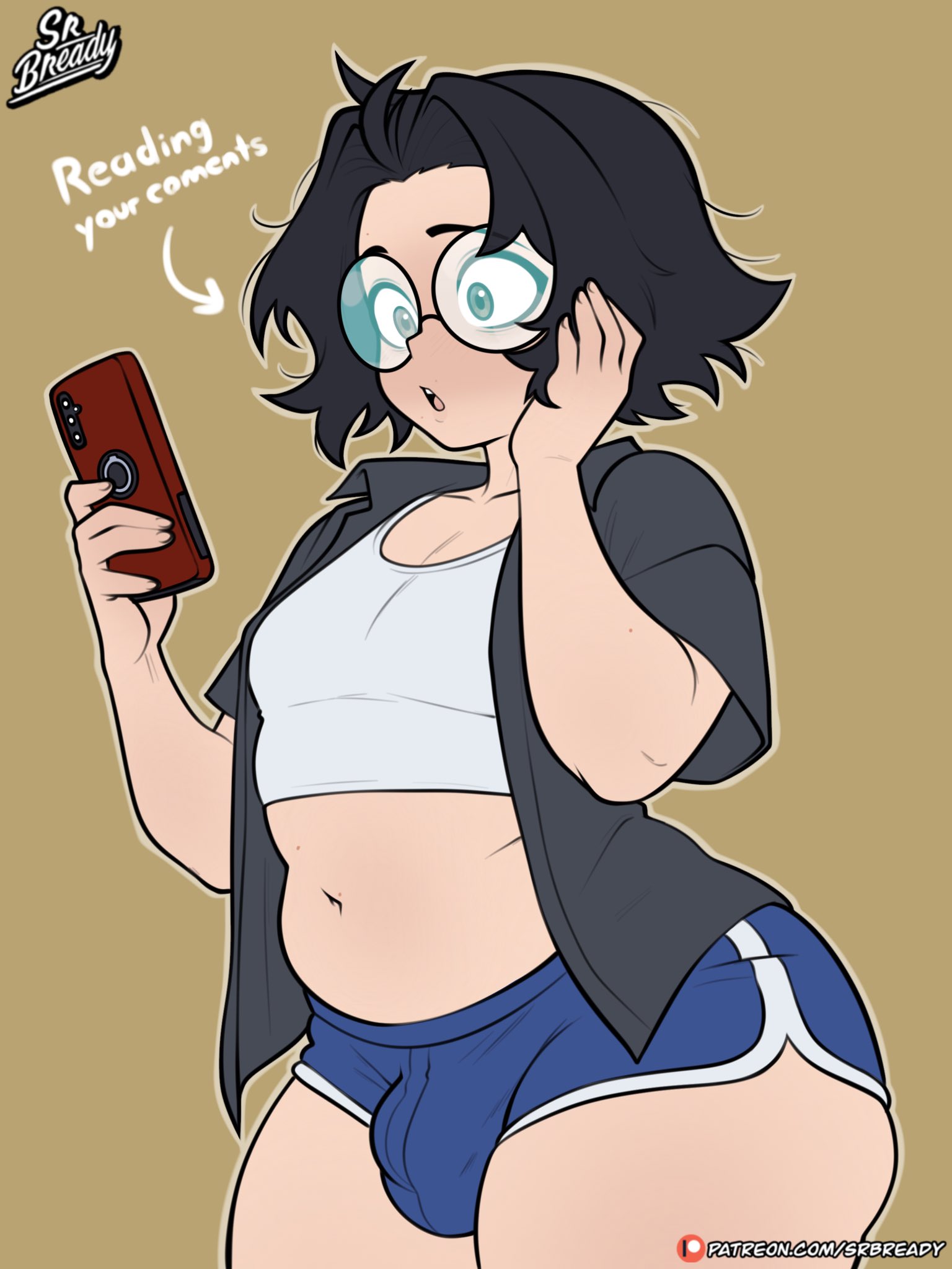 1boy, artist self-insert, ass, black hair, blue shorts, bready (srbready), bulge, crop top, dolphin shorts, english text, eyebrows, eyeliner, eyewear, femboy, glasses, grey eyes, grin, huge ass, light skin, light-skinned male, looking at viewer, makeup, male, midriff, multiple views, navel, open mouth, original, phone, plump, self insert, short hair, short shorts, shorts, socks, srbready, stomach, teeth, text, thick thighs, thighs, wide hips