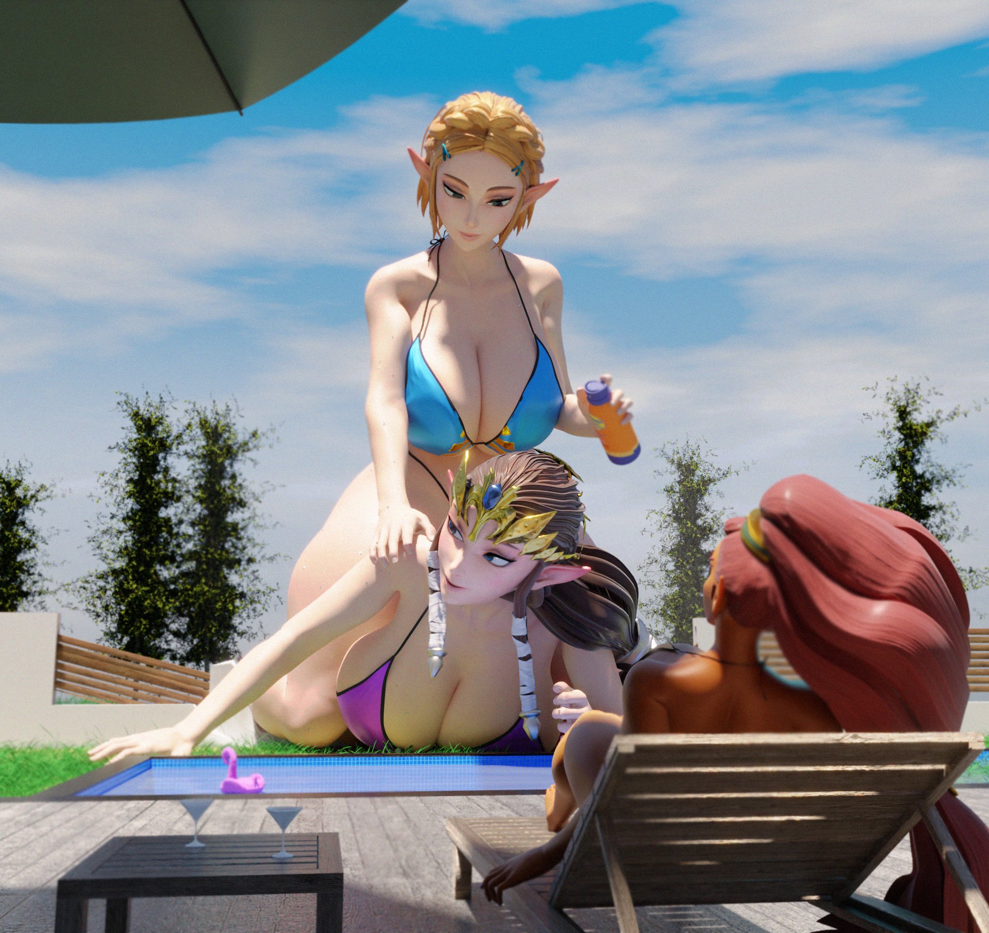 3d, 3d (artwork), 3girls, alternate self, big breasts, bikini, blonde hair, blue bikini, breasts, breath of the wild, brown hair, cleavage, dark skin, dark-skinned female, giantess, huckleberry8181, in-franchise crossover, large boobs, large breasts, light skin, light-skinned female, nintendo, older female, pool, princess zelda, princess zelda (scrag boy), purple bikini, relaxing, scrag boy (model), scrag boy (style), square crossover, sunbathing, sunscreen, tears of the kingdom, the legend of zelda, twilight princess, urbosa, water, younger female, zelda (tears of the kingdom), zelda (twilight princess)