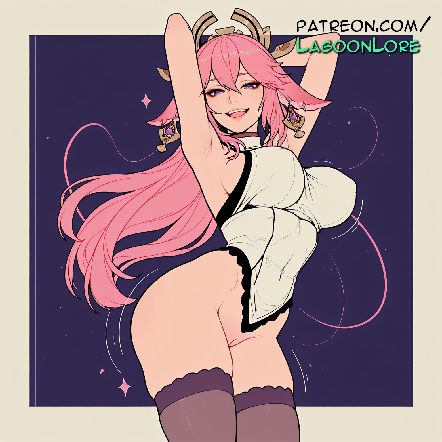 ai generated, armpits, artist name, aurora, border, bottomless, breasts, bust, chest, constellation, female, galaxy, genshin impact, groin, hi res, highres, lagoonlore, long hair, looking at viewer, milky way, night, night sky, open mouth, outside border, patreon, patreon username, pink hair, planet, shooting star, sky, smile, solo, space, sparkle, sparkle background, star (sky), star guardian (league of legends), starry background, starry sky, starry sky print, thighhighs, watermark, yae miko