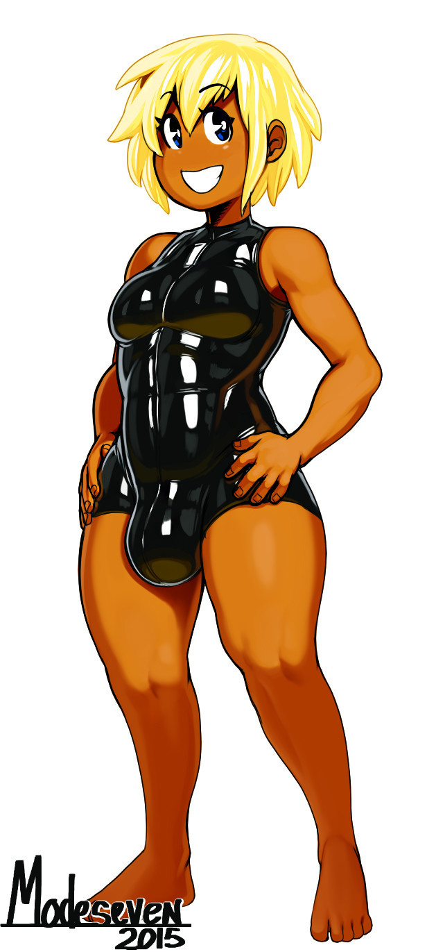 1futa, 2015, ami dixie, barefoot, blonde hair, blue eyes, bulge, dark skin, dark-skinned futa, futa only, futanari, highres, huge cock, intersex, latex, latex leotard, leotard, modeseven, penis, pinup, shiny clothes, shiny hair, smile, solo futa, toned, white background