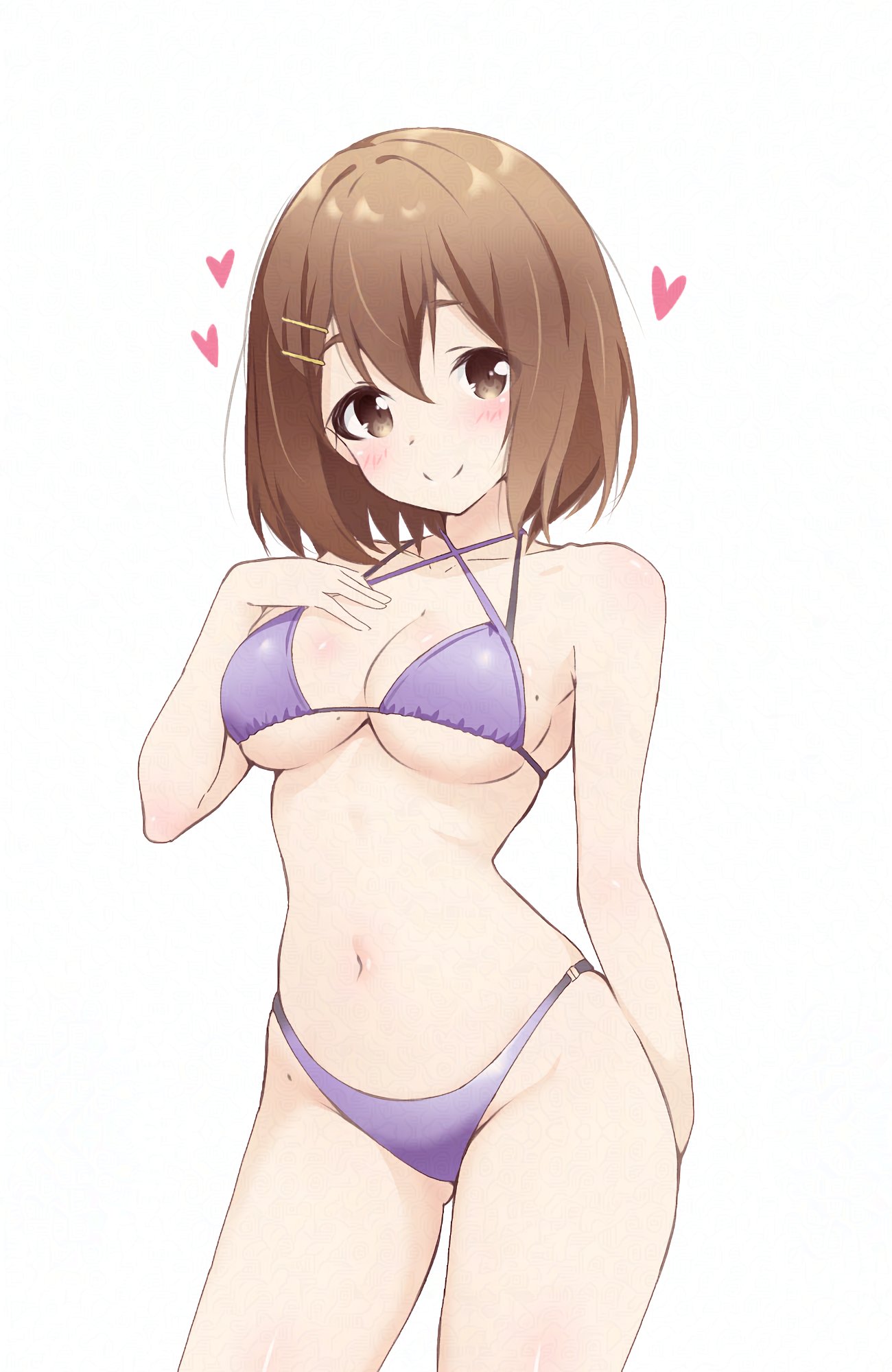 blush, brown eyes, brown hair, female, hair clips, hitorilily, k-on!, looking at viewer, medium breasts, purple bikini, smile, yui hirasawa (k-on!)