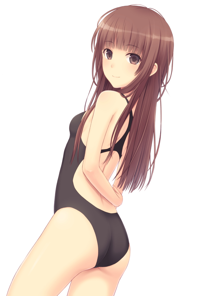 amagami ass back black_swimsuit brown_eyes brown_hair competition_swimsuit female kamizaki_risa looking_at_viewer looking_back n.g. one-piece_swimsuit smile solo swimsuit