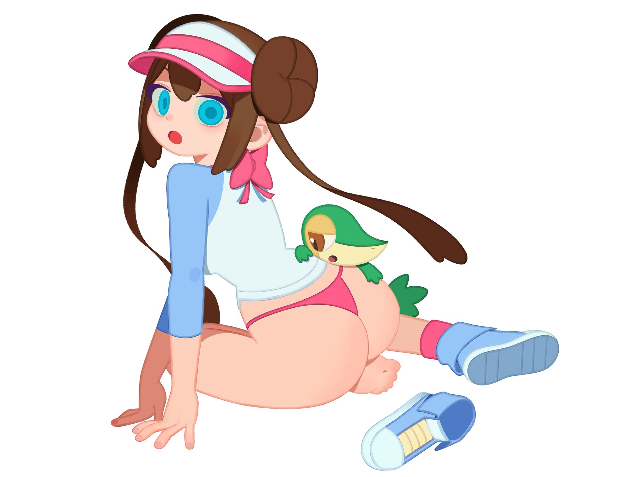 4:3, ass, barefoot, blue eyes, bow, brown hair, female, hat, hi res, highres, hochihochiha, long hair, long sleeves, looking at viewer, looking back, lying, nintendo, no pants, one shoe on, panties, pink panties, pink socks, pokemon, rosa (pokemon), shirt, simple background, sneakers, socks, solo, thong, white background