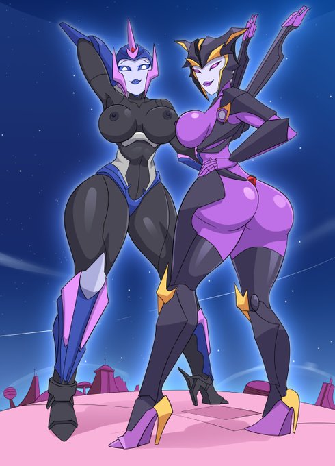 2025, 2d, 2girls, airachnid, arcee, arcee (prime), artist name, ass, autobot, big ass, big breasts, blue body, blue eyes, breasts, built-in high heels, color, cybertronian, deadinside97, decepticon, female, female only, full color, hasbro, high heels, magenta eyes, metallic body, multiple girls, nipples, purple body, purple eyes, robot, robot girl, robot humanoid, transformers, transformers prime