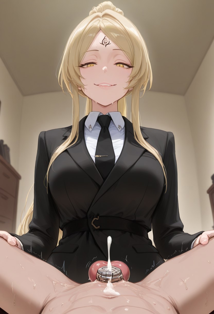 1boy, 1girls, ai generated, bangs, blonde hair, charlotte van halen, chastity cage, cum in chastity, dominant female, female, female domination, femdom, flat chastity cage, girl in suit, indie virtual youtuber, large breasts, male, malesub, ponytail, satisfied look, small penis, smug, suit, virtual youtuber, yellow eyes