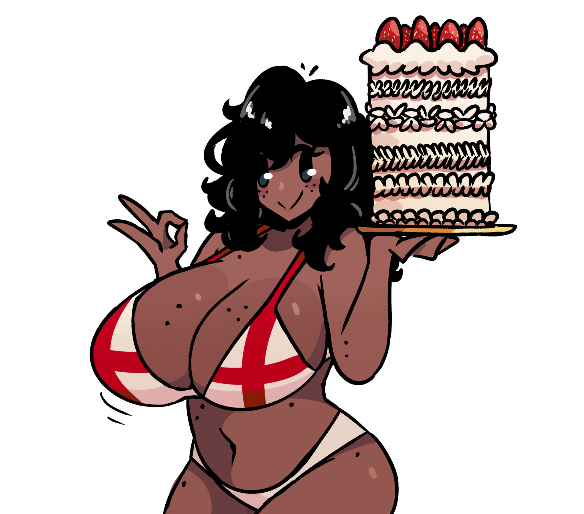 1girls, 2025, baker, big breasts, black hair, bra, breasts, cake, dark hair, dark skin, england flag, english, female, female focus, female only, freckles, freckles on breasts, freckles on face, holding cake, holding object, mob face, murgoten, ok sign, shannon the baker (murgoten), simple background, simple eyes, strawberries