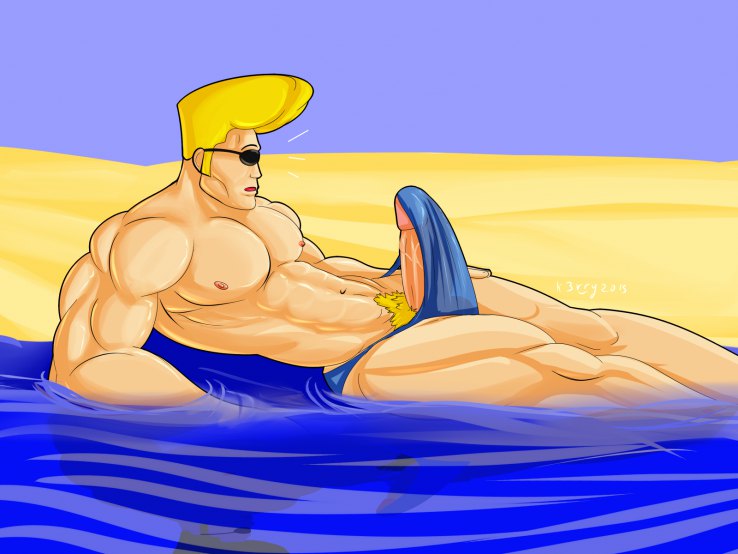 beach biceps big_penis blonde_hair bodybuilder cartoon_network erect_nipples erection erection_under_clothes hair huge_cock human johnny_bravo johnny_bravo_(series) k3rry looking_at_penis male male_only muscles pecs penis solo speedo sunglasses water