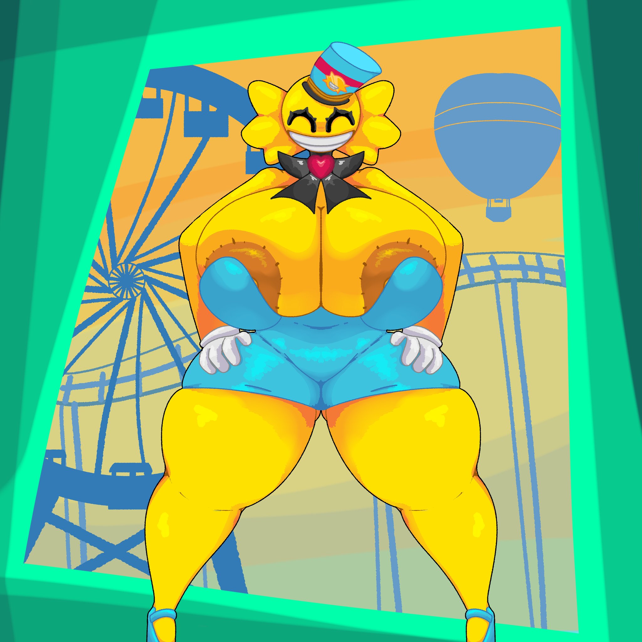 big breasts, busty, exposed areola, fortnite, fortnite: battle royale, mascot, mascot costume, rule 63, smiling, smiling at viewer, thick thighs, uwuwixi, wide hips, wide smile, wonkee (fortnite), yellow body
