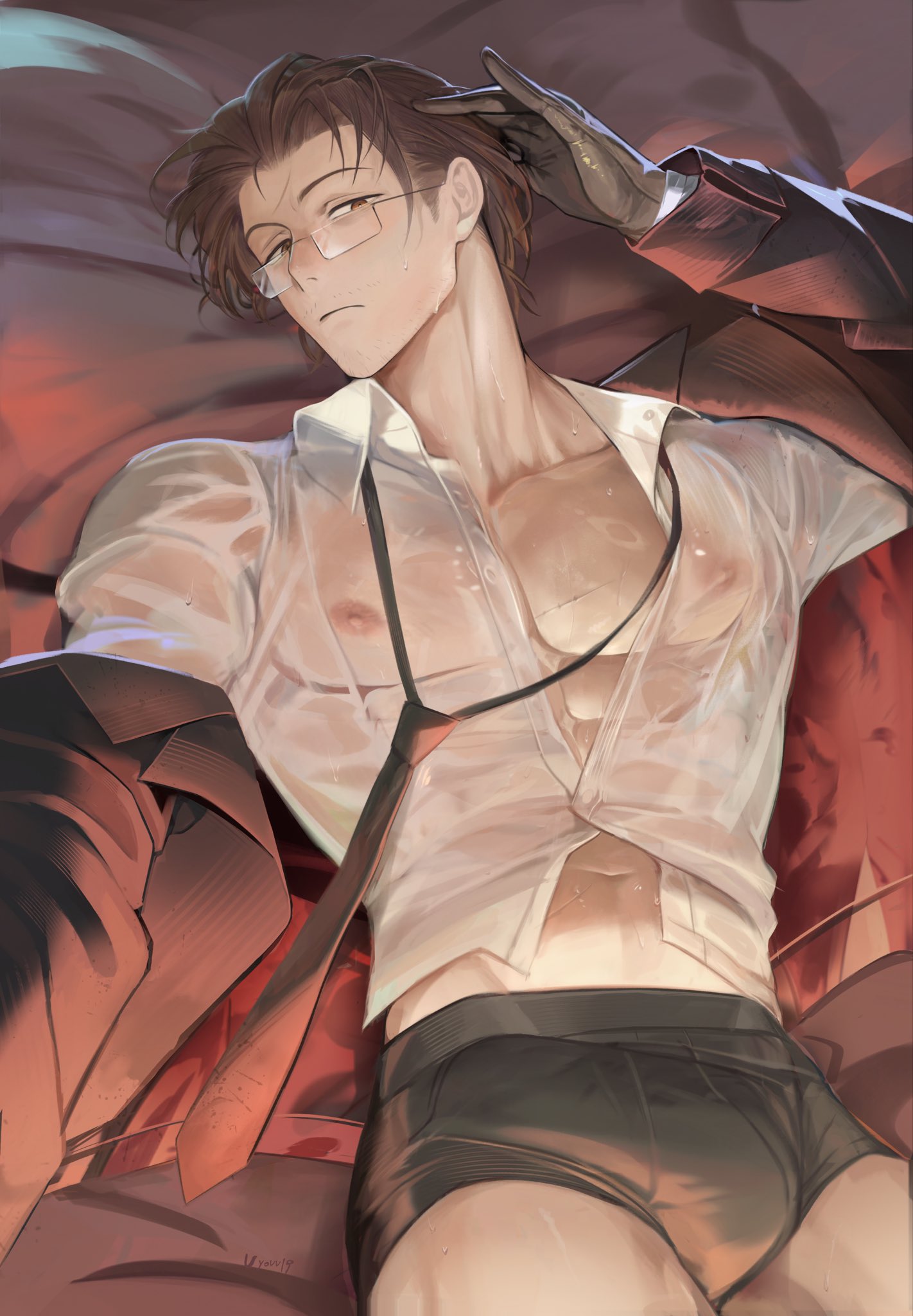1boy, after work, alluring, alluring gaze, bara, bara tiddies, briefs, brown hair, glasses, gregor (limbus company), honestly quite incredible, huge bulge, laying on bed, limbus company, male, male only, muscular male, necktie, project moon, thick thighs, transparent clothing, tremor bursted, underwear, uyouu19, wet shirt