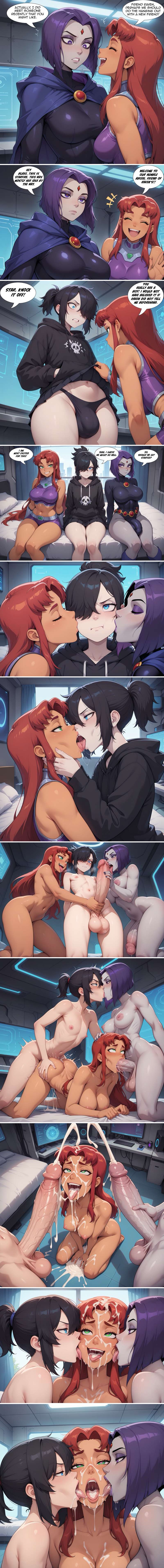 1boy, 1boy2girls, 1futa, 2girls, ai, ai generated, alien, alien girl, balls, big ass, big balls, big breasts, big penis, black hair, blake (osirix), blue eyes, breasts, breasts out, bukkake, comic, comic strip, completely naked, completely naked female, completely naked futa, completely naked male, completely nude, completely nude female, completely nude futa, completely nude male, covered in cum, crop top, cum, cum drunk, cum in mouth, cum in pussy, cum inside, cum on face, cum shower, cumdrunk, cumshot, dc, dc comics, dom femboy, dominant femboy, dominant futa, dominant male, eiffel tower, erect penis, erection, femboy, filled to the brim, filling, ginger, ginger female, ginger hair, green eyes, grey body, grey skin, half demon, hand on ass, hands on neck, hoodie, hourglass figure, hourglass figured female, hourglass figured futa, huge cock, kissing, kneeling, koriand'r, latex, latex leotard, latex suit, leotard, licking, licking cum, licking cum on face, light skin, light-skinned male, multiple penises, naked, naked female, naked futa, naked male, nude, nude female, nude futa, nude male, open mouth, open mouth kiss, orange body, orange skin, osirix, panties, penetration, penis bigger than head, perfect body, purple eyes, purple hair, rachel roth, raven (dc), skirt, small waist, speech bubble, spitroast, starfire, submissive, submissive female, superhero, superheroine, teen titans, text, text bubble, thick cum, thick thighs, thin waist, thong, threesome, tongue, tongue kiss, tongue out, twink, veins, veiny penis, wide hips