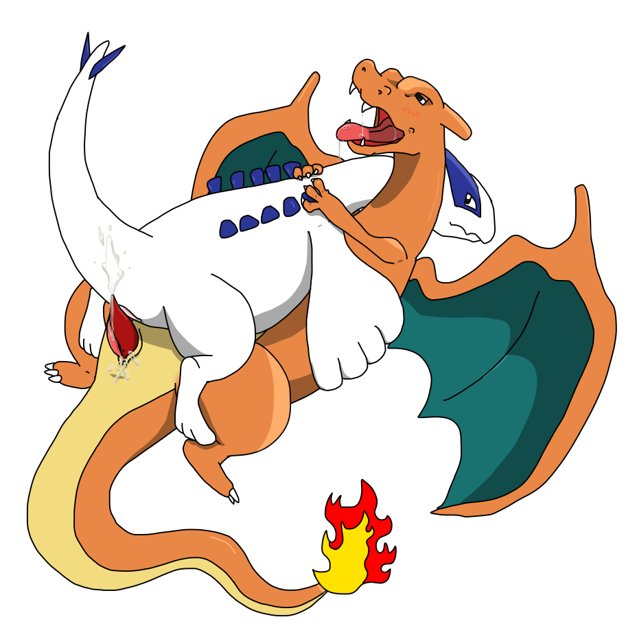 avian blue_eyes blush charizard cum dragon duo fire frottage lugia male nintendo penis plain_background pokemon pokemon_(species) precum sex sfbwd video_games yaoi