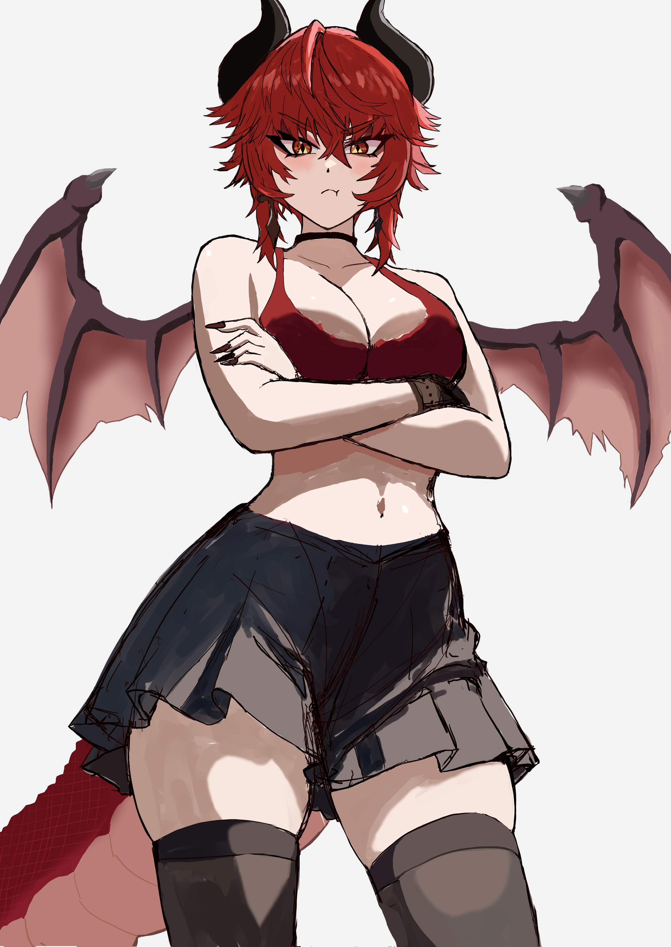 absurdres, arms under breasts, black nails, black thighhighs, breasts, cleavage, closed mouth, commentary, dragon girl, dragon horns, dragon tail, dragon wings, female, highres, horns, indie virtual youtuber, large breasts, looking at viewer, medium hair, meibin, nail polish, navel, red eyes, red skirt, skirt, solo, tail, thighhighs, virtual youtuber, wings, yellow eyes, zentreya, zentreya (dragon)